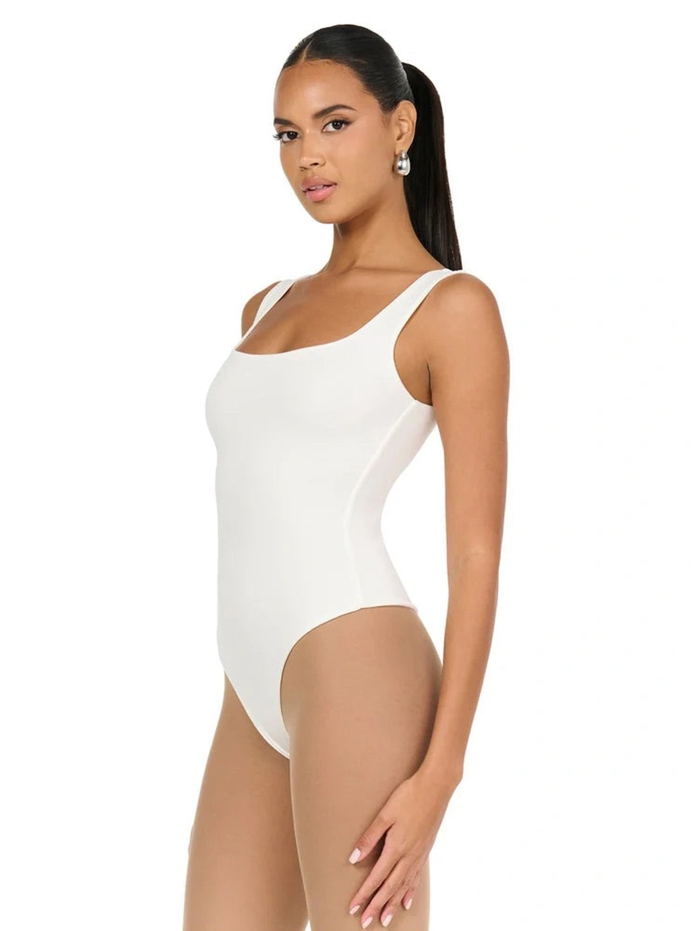 NWT Naked Wardrobe Sz S White Scoop Square Neck High Leg Thong Bodysuit